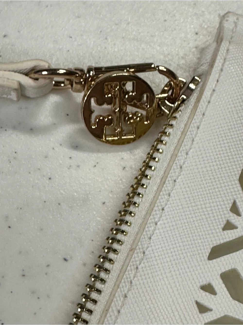 Tory Burch White Laser-Cut Geometric Wristlet Clutch Pouch Gold Hardware